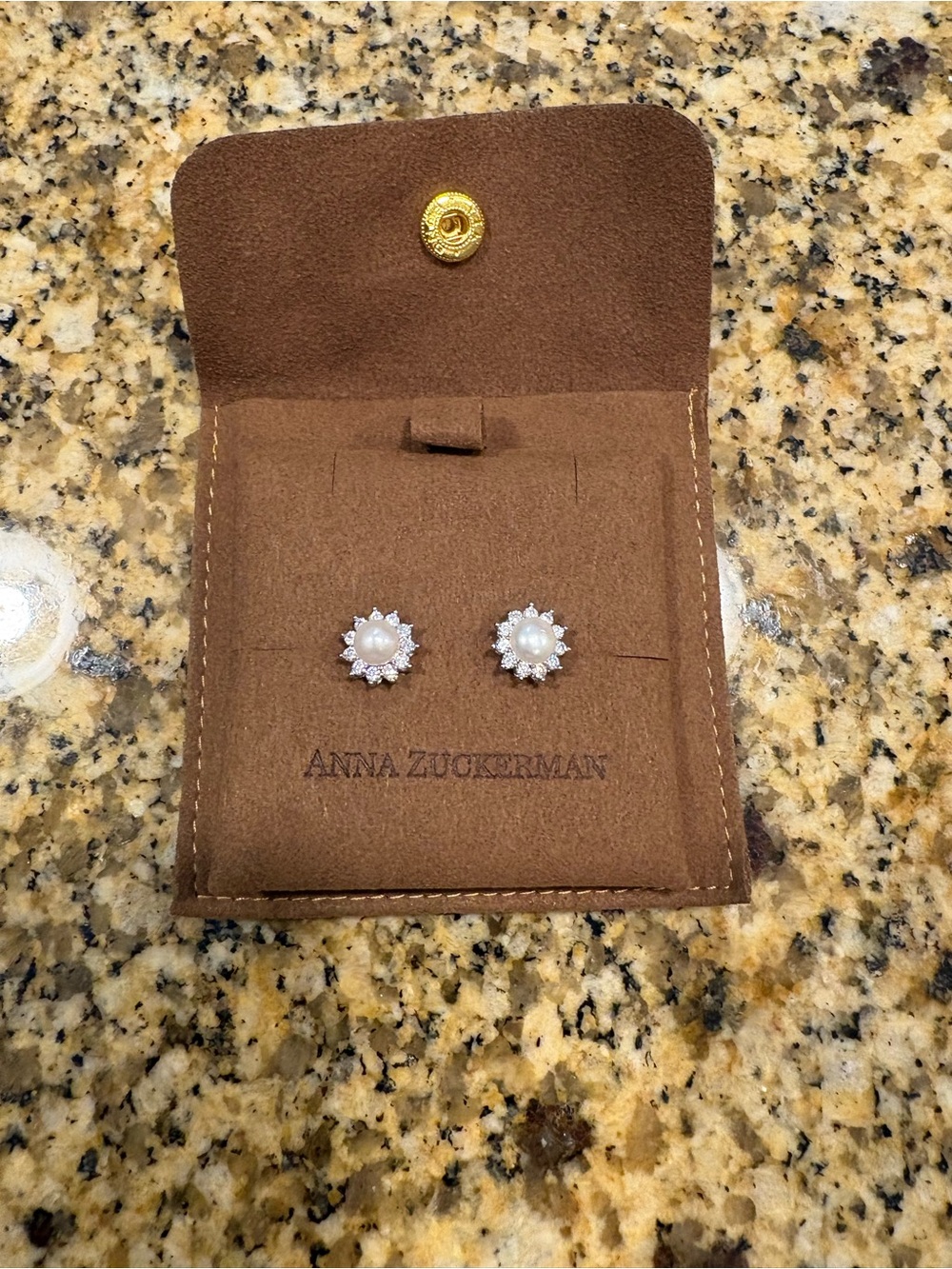 Anna Zuckerman Freshwater Pearl Like Diamond Halo Earrings New in Pouch